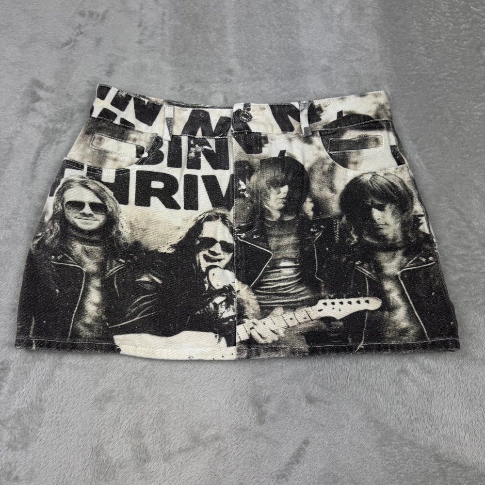 Edikted Graphic Denim Mini Skirt Punk Rock Print Womens Size M the Ramones